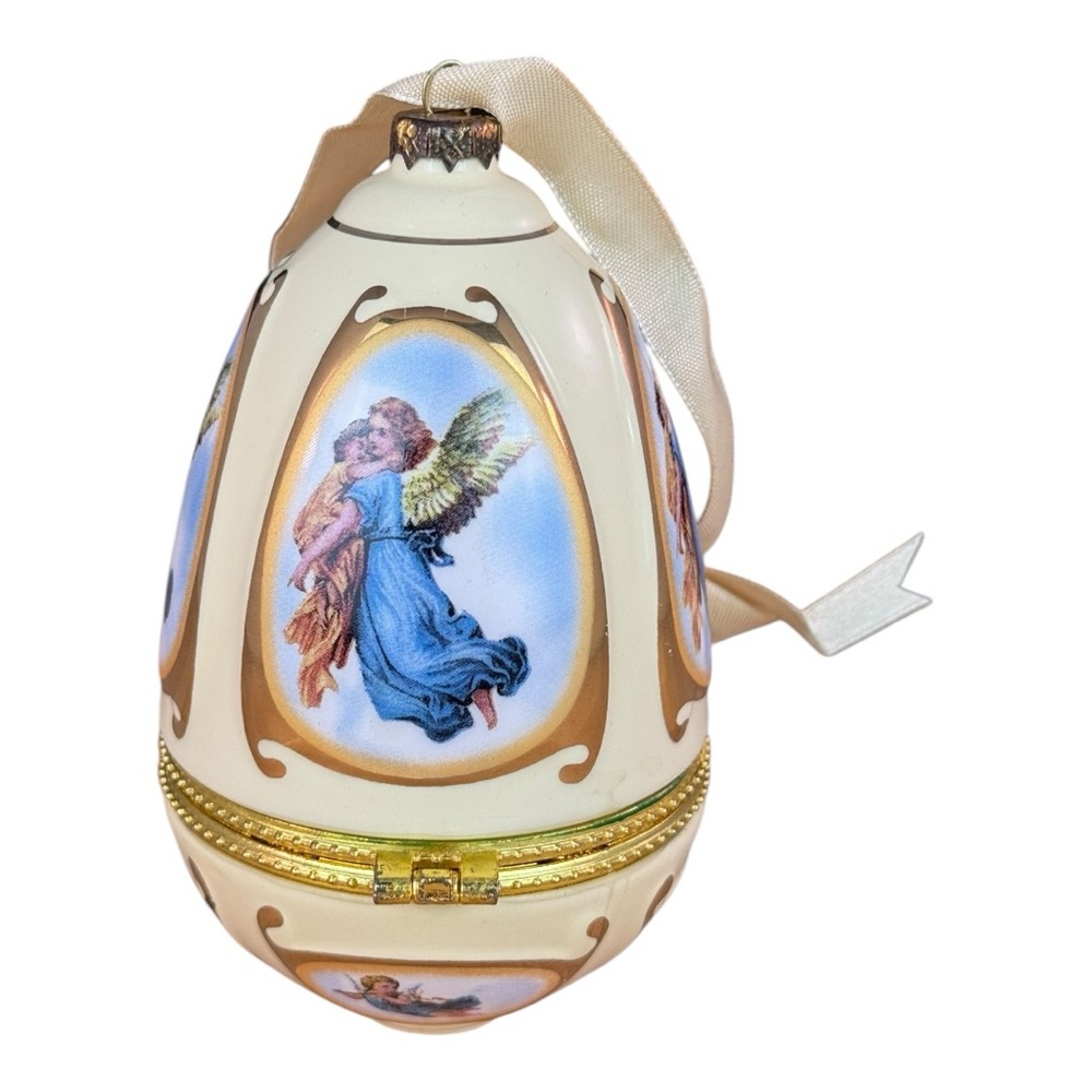 Mr Christmas Porcelain Egg Ornament Music Box Valerie Par Hill Musical Angel